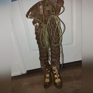 Women's thigh high brown, laced front, faux suede, boots with tassels